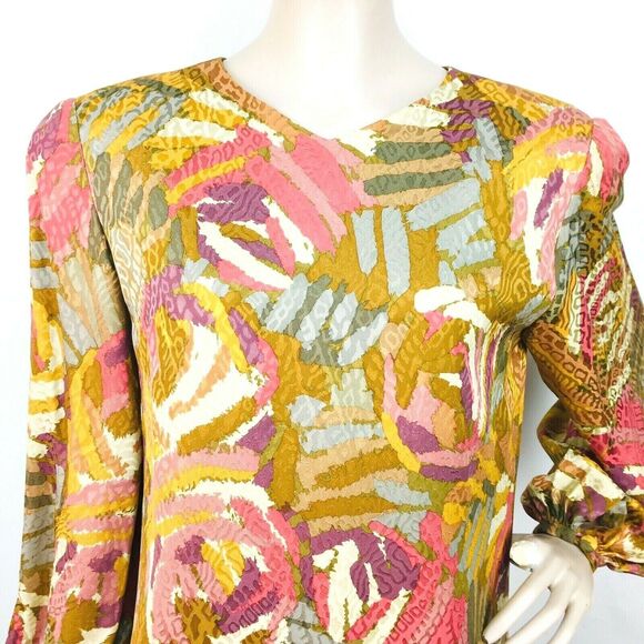 VTG 80s Silk Floral Brocade Balloon Sleeve Wayne Kastning Helga Dress S/M NEW - Picture 6 of 8